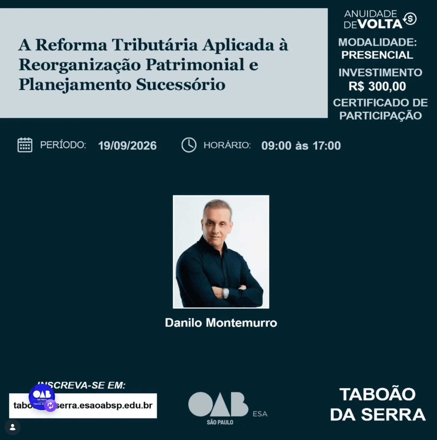 📙 ESA Taboão: Curso de extensão: A Reforma Tributária aplicada à reorganização patrimonial e planejamento sucessório